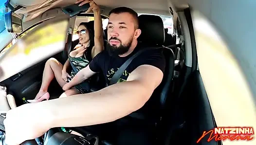 Traffic Blowjob: Exhibitionist Brunette Shows Her Tits and Sucks It All in the Car