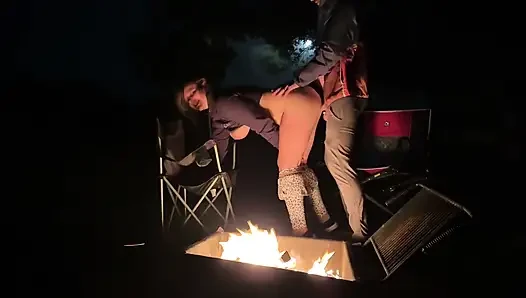Wife caught masturbating in public restroom, then fucked by the campfire
