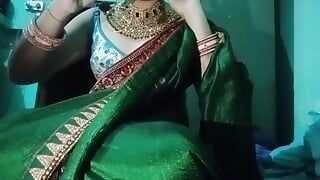 Indian Gay Crossdresser Gaurisissy Pressing His Boobs so Hard and Enjoying in Green Saree