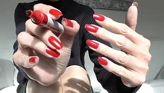 Slave Marking with Pen, Beautiful Red Fingernails, Lady Victoria Valente