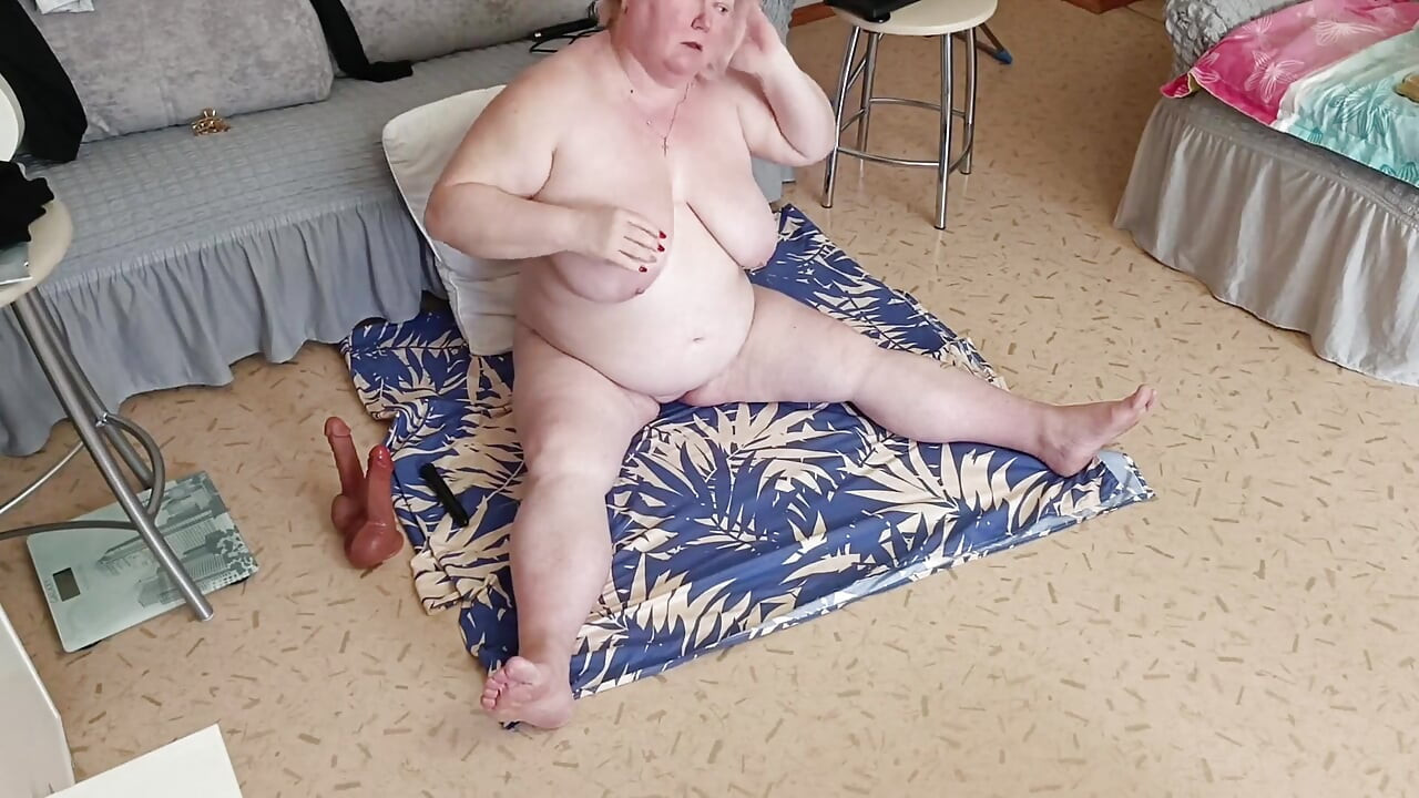 Neighbor Squeezes Her Big Tits and Masturbates Her Big Hairy Pussy with Sex Toys