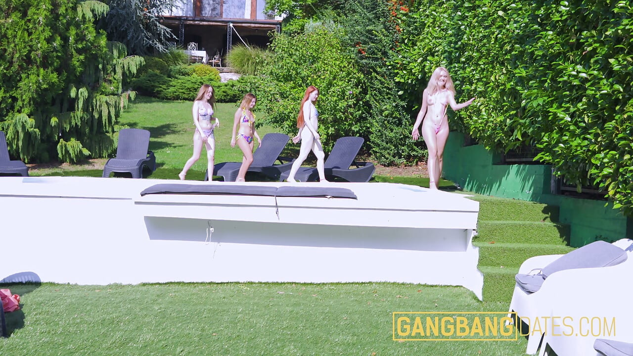 Four girls face interracial gangbang outdoors