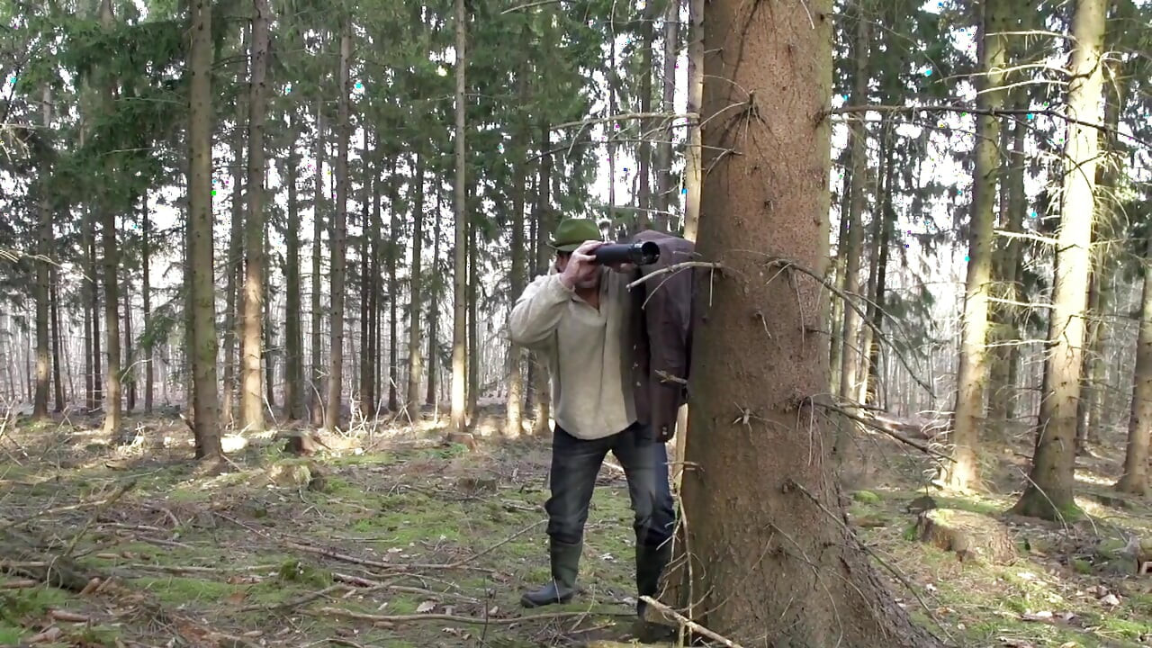 Brunette milf in a costume of a witch just been caught and fucked in the ass from a forest keeper