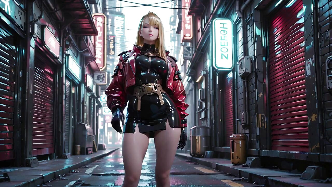 ¡Fantasía húmeda de la Reina Cyber! Chaqueta de cuero roja brillando bajo la lluvia de neón, pose de rodillas que rompe la armadura
