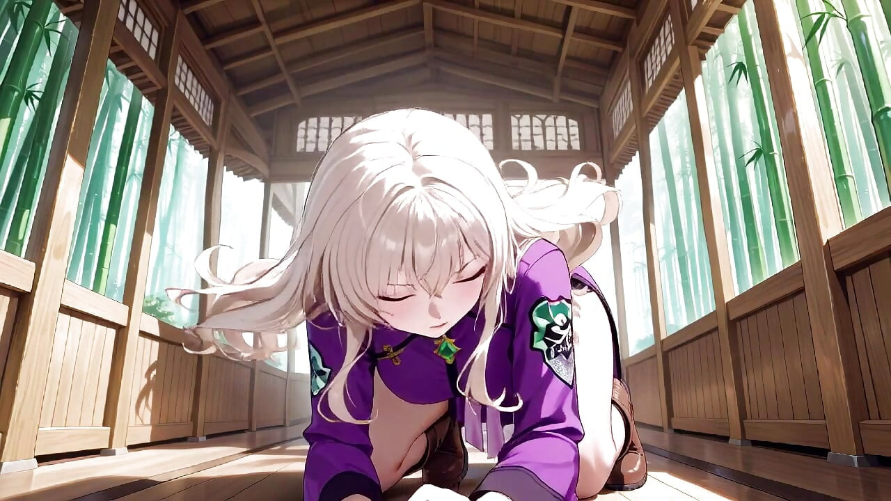 Guerrero Kimono Púrpura! Provocación prohibida en el dojo japonés. Arrodillando con una espada, levantando su coño para revelar secretos.