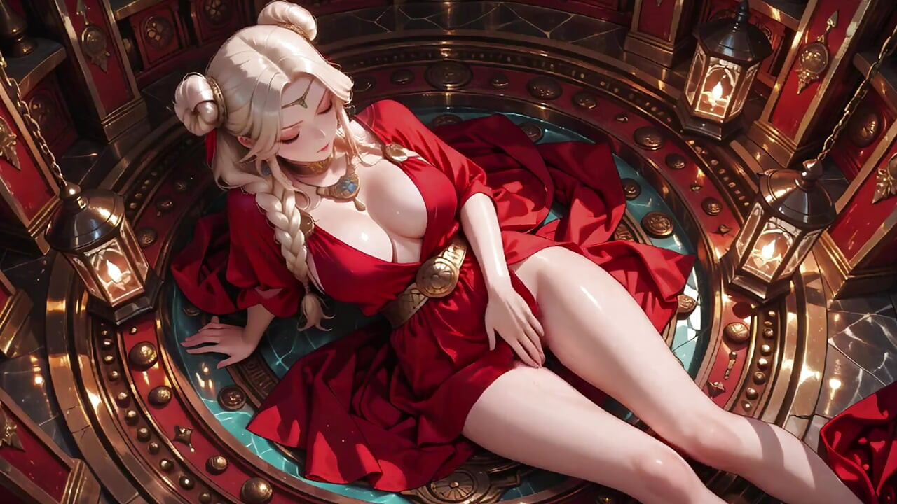 Blonde Goddess in Red! Forbidden Gaze in the Ancient Corridor, Deep V & High Slit teasing you.