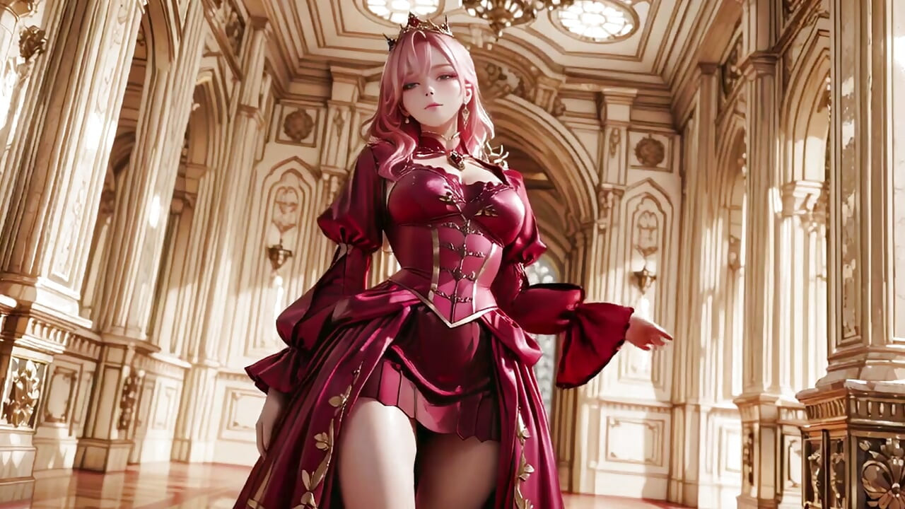 The Pink Queen's Coronation! Deep red silk, golden goblet, and a lazy gaze from the throne. Pure fantasy.
