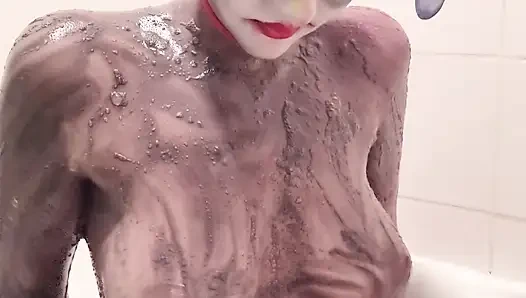 Cosplay Harlequin Body Paint Removal and Tit Grab
