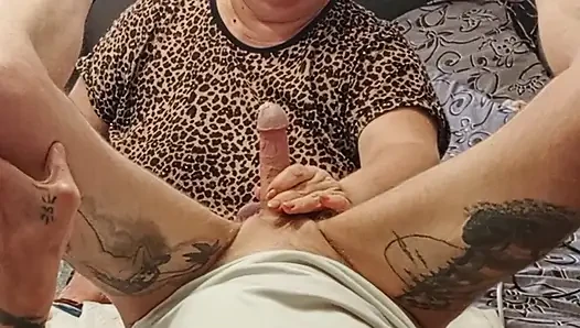 The neighbor plays with my cock with her mouth and hands until I cum
