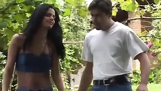 Brunette Shemale in Tight Skirt Sucks Cock and Gets Fucked on Lawn