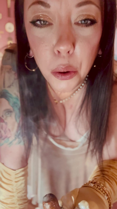 Cigar Smoking Tina Snua In Gold Satin Gloves & Rings - Smoker Smokes OME Drifting Smoke | Clip 2