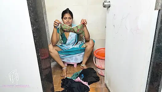 Komal was secretly shaking the land at the sight of her breasts doing the bathroom laundry.