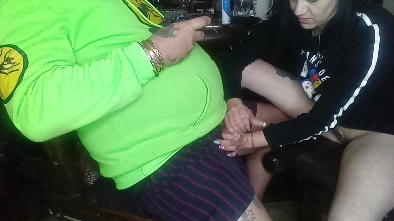 Giving him a handjob with his cum dripping off my hand....