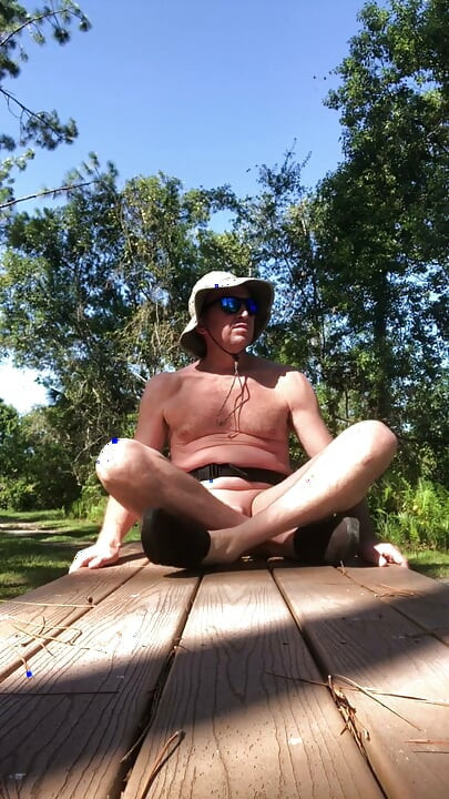 Naked Bench Yoga and Stretching on the Nudist Hiking Trail
