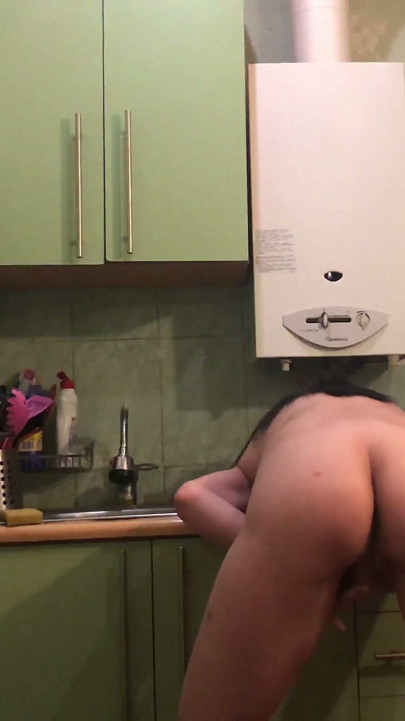 Girl with Nice, Natural Breasts Masturbating in the Kitchen