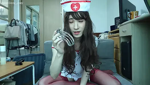 Sissy Femboy in Micro Chastity Is Riding Dildo