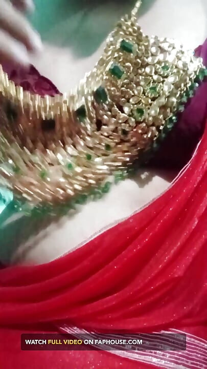 Indian Gay Crossdresser Bottom Gaurisissy Pressing Her Big Boobs and Feeling Horny in Red Saree with Heavy Jwellery