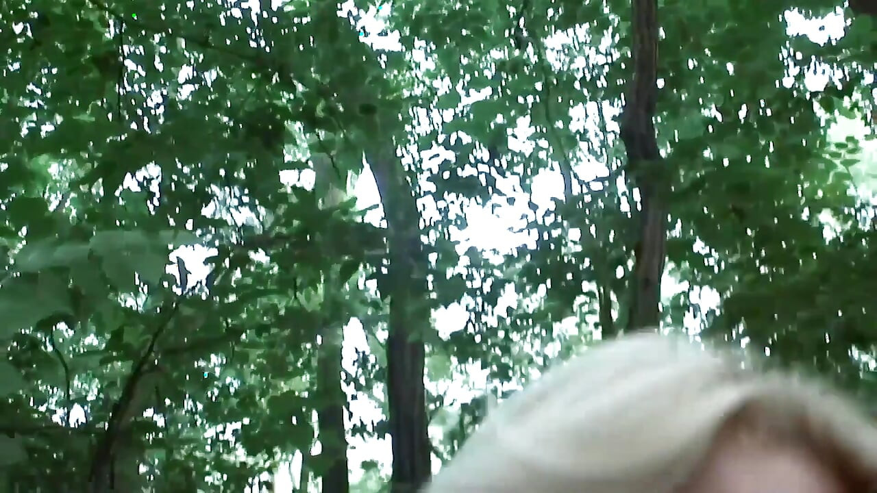Accidentally known blonde cougar with perfect tits takes me to the woods to jump on my cock with her hairy pussy