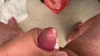 Chubby wanking his little cock lots of cum nice moan