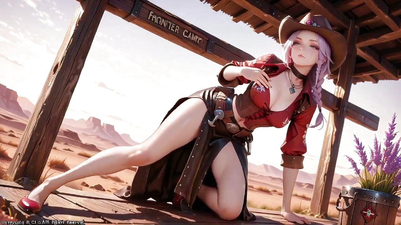 The Deadly Glance in the Desert Sunset. Shouldering a Rifle yet Hiding Her Heaving Chest.