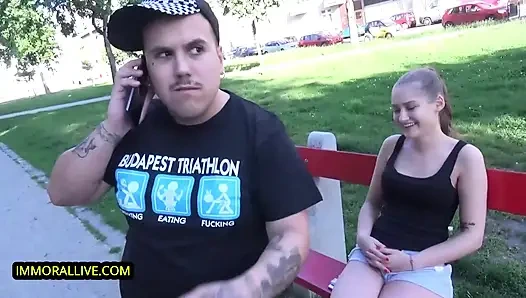 Hot teen w/ perfect peach & phat clit Tiffany Tatum meets funny stepbrothers at park & gets creampie!