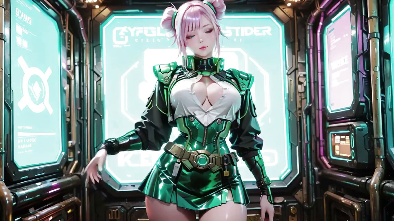 ¡La chica blindada verde! Valkiria de cabello plateado arrodillada y mirando hacia atrás, con las yemas de los dedos recorriendo su frío traje metálico.