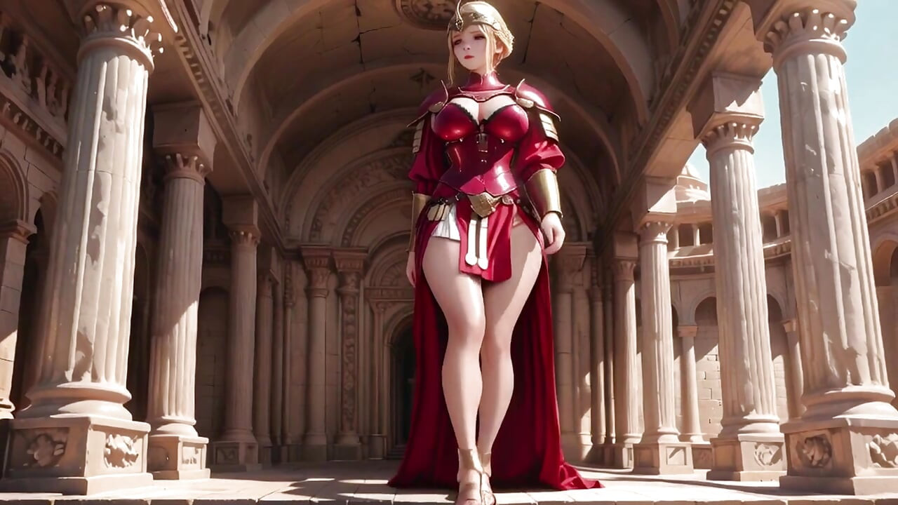 Red Armor Queen! Forbidden Gaze in the Roman Corridor, Skirt Lift Reveal, Hand on Lips Teasing You...