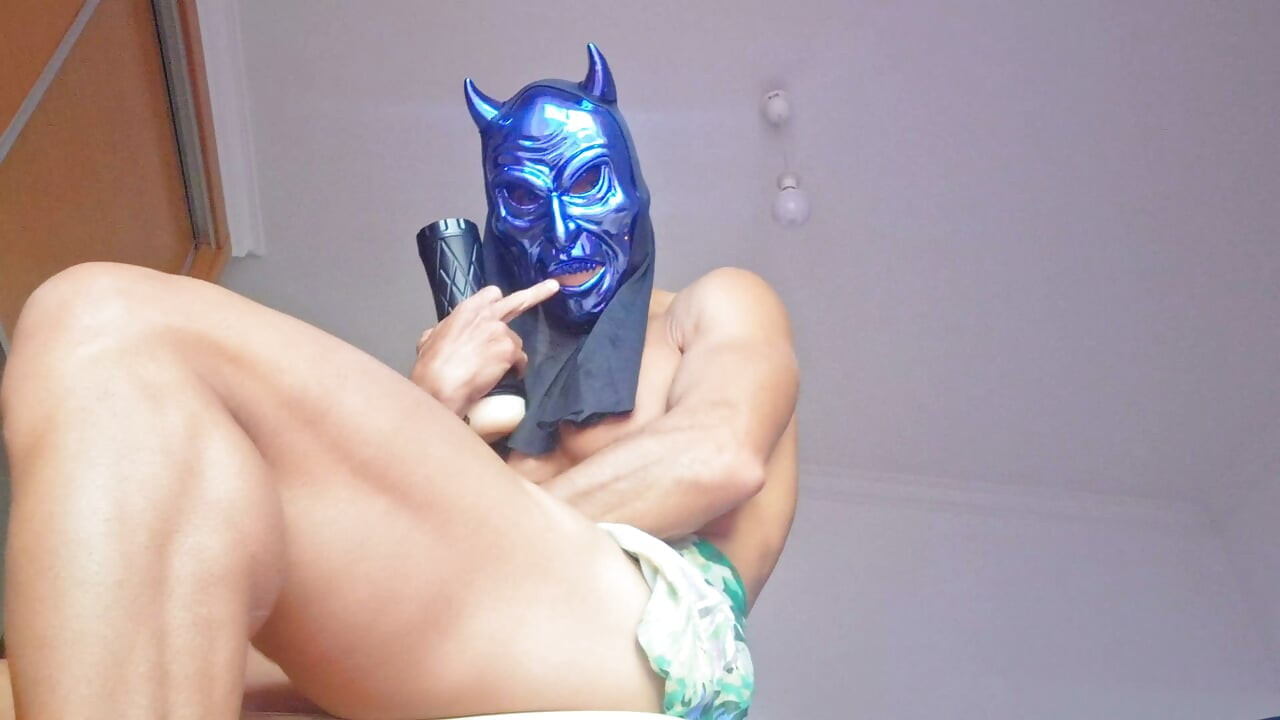 Blue Monster Mask Halloween Solo - Hard Cock Pounds Fleshlight Until Cumshot Inside