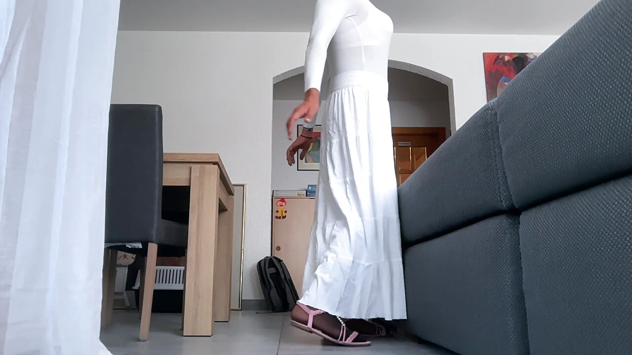 Sweet Femboy in her feminine white outfit and nylon and show ass and cock