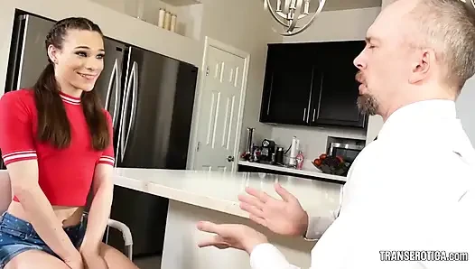 Petite brunette transsexual Jessy Bells sucks a hard cock then gets rimmed