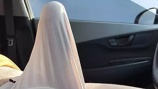 Big balls and stroking hard and thick mushroom tipped veiny cock in a g-string in car