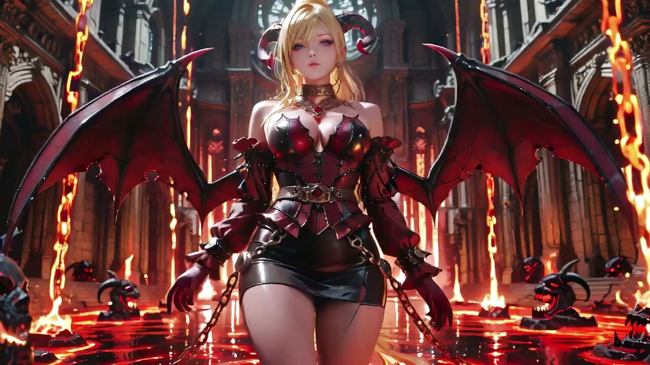 Lava Throne! Blonde Demon Queen Kneels & Spreads Her Wings, Lazy Tease with a Glass.