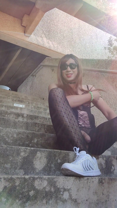 Sissy Slut Bess has a big creamy orgasm by a downtown parking garage | Clip 2