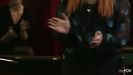 Hot Lesbian Love with a Sticky Dildo on a Fancy Bar Table