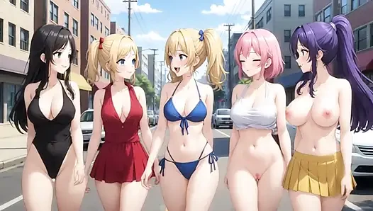 Five naked girls are exposed on the street