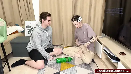 The horny couple take turns stripping away clothing