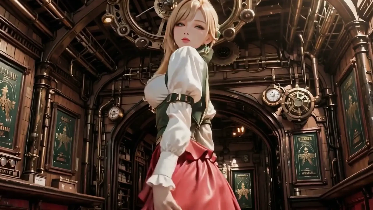 Steampunk Blonde Secretary! Lazy Poses Amidst Giant Gears