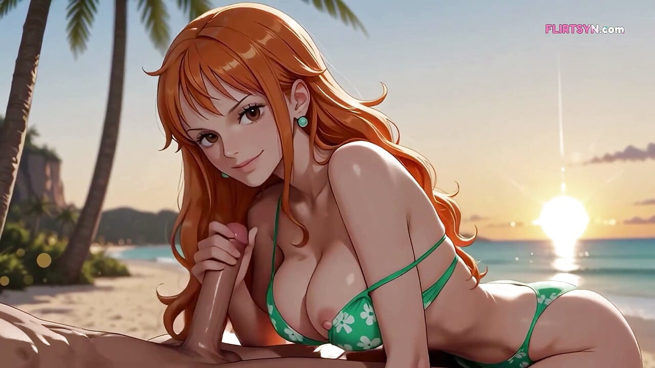 Nami Lay on the Hot Sand and Spread Her Legs as He Crawled Between Her Thighs ( AI Generated )