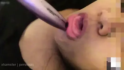 Chubby college slut fucks mouth, ass, pussy with hairbrush