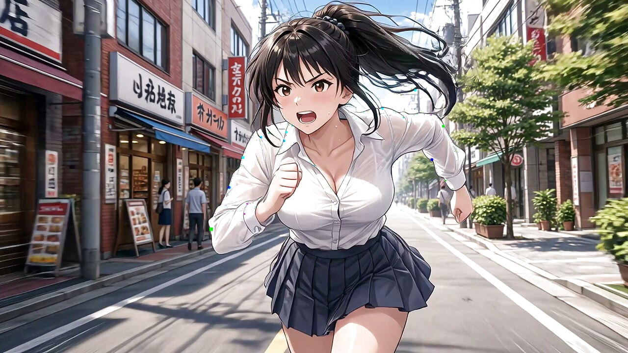 Running down a bustling street, exposing her huge breasts beneath her clothes