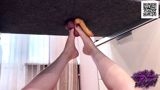 Jerking cock with sexy legs on the milking board