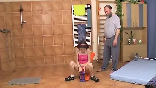 Sexy teen gets fucked by an old pig in the gym