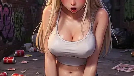 Блондинка в белом топе и толстых грудях мастурбирует в переулке