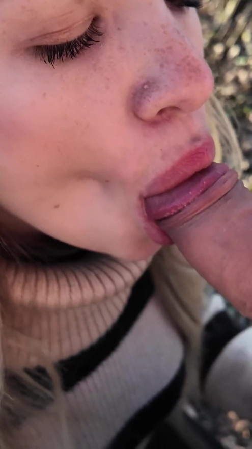 Fucking my stepsister in the mouth in the forest. She gives a slobbery blowjob, risky sex, we almost got caught. | Clip 1