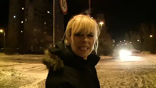 Sexy horny blonde sucks his cock outdoor in POV