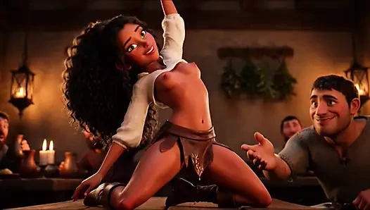 Горячая чувственная платиновая блондинка барменша кокетливая дикая ночь в оживленной средневековой таверне фантазии с жизнерадостными покровителями