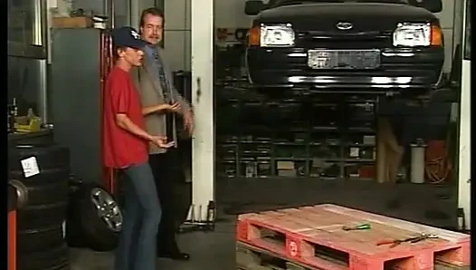 Attractive German slut rides dick in the workshop