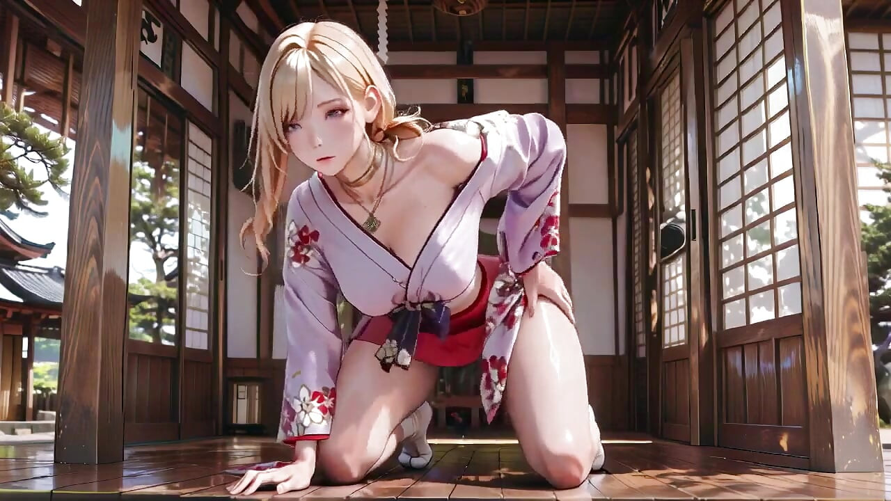 Déesse blonde dans le couloir japonais, regard paresseux, main sur les hanches, soleil trempe sa peau.
