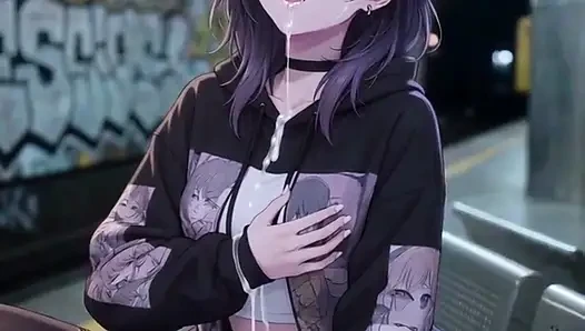 Sevimli anime kız mastürbasyon yapıyor ve metro istasyonunda sikiliyor