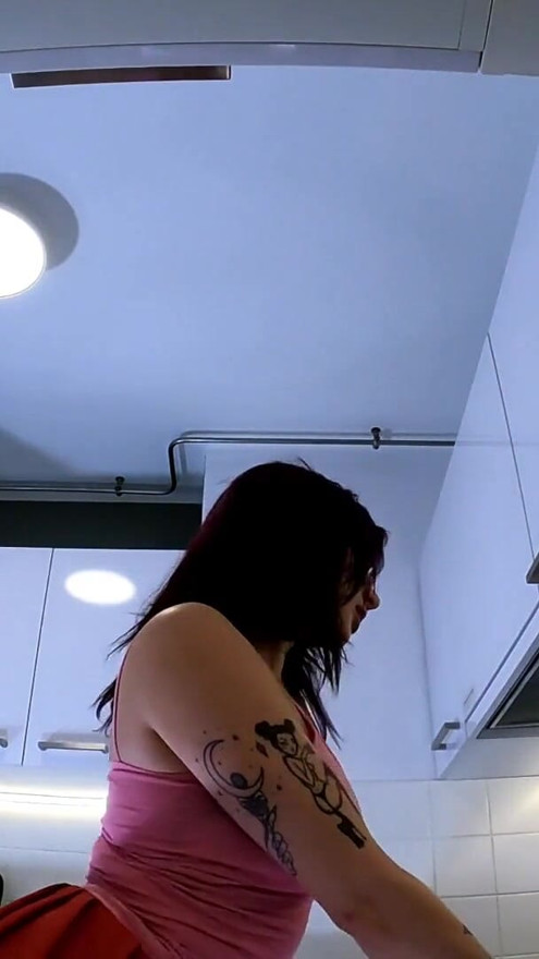 Hottest redhead tattooed cheerleader with over knee socks shows her see through panties in the kitchen | Clip 3